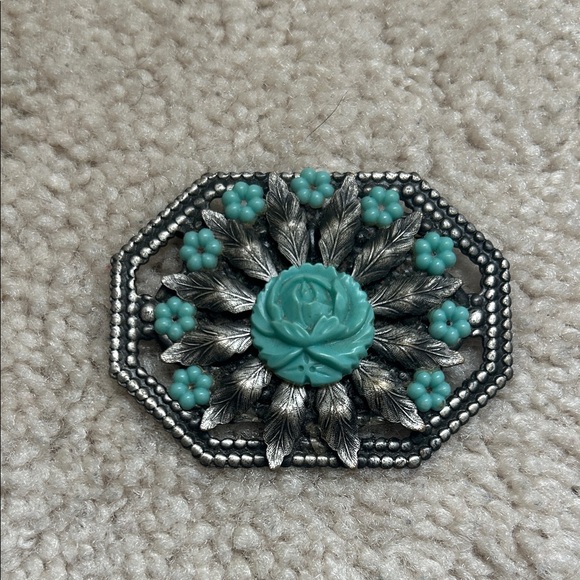 Vintage Jewelry - Vtg Victorian Revival Aqua Flower Brooch Silver Tone Turquoise Rose Pin Boho
